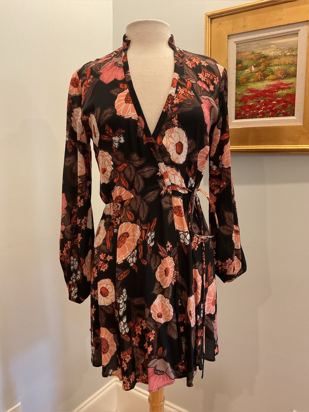 Reformation Mallie Floral Wrap Dress Black Pink Long Sleeve Dress